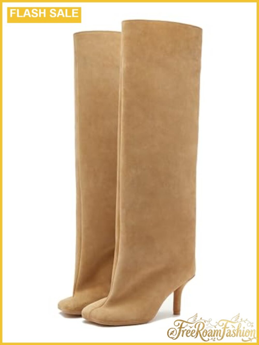 Faux Suede Wide Calf Knee High Boots Square Toe Kitten Heel Pull On